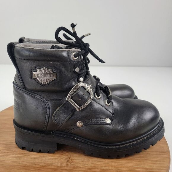 Harley Davidson Black Leather Moto Combat Buckle Boots Women's shoe size 6.5 - Picture 15 of 16